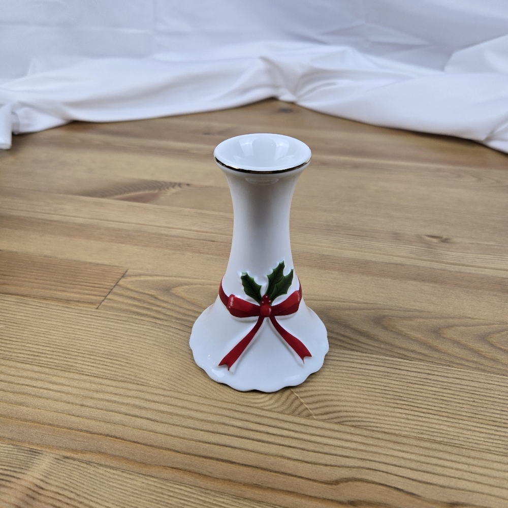 Vintage 1986 Mount Clemens Pottery Ribbon And Holly Candle Holder Christmas Vtg